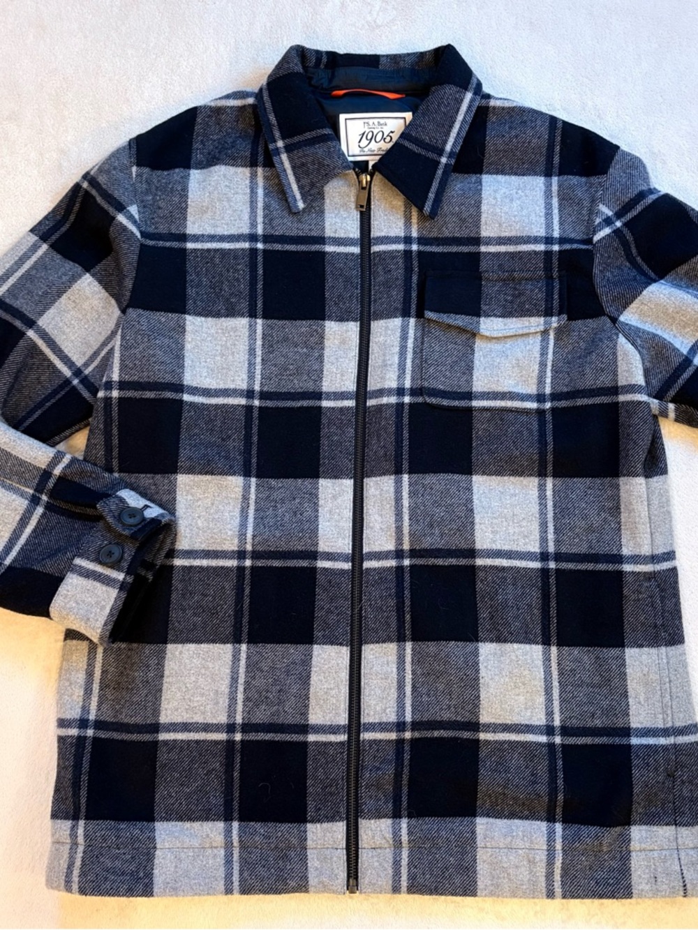 Jos. A. Bank Navy & Gray Plaid Tailored Zip Shirt Jacket Sz M